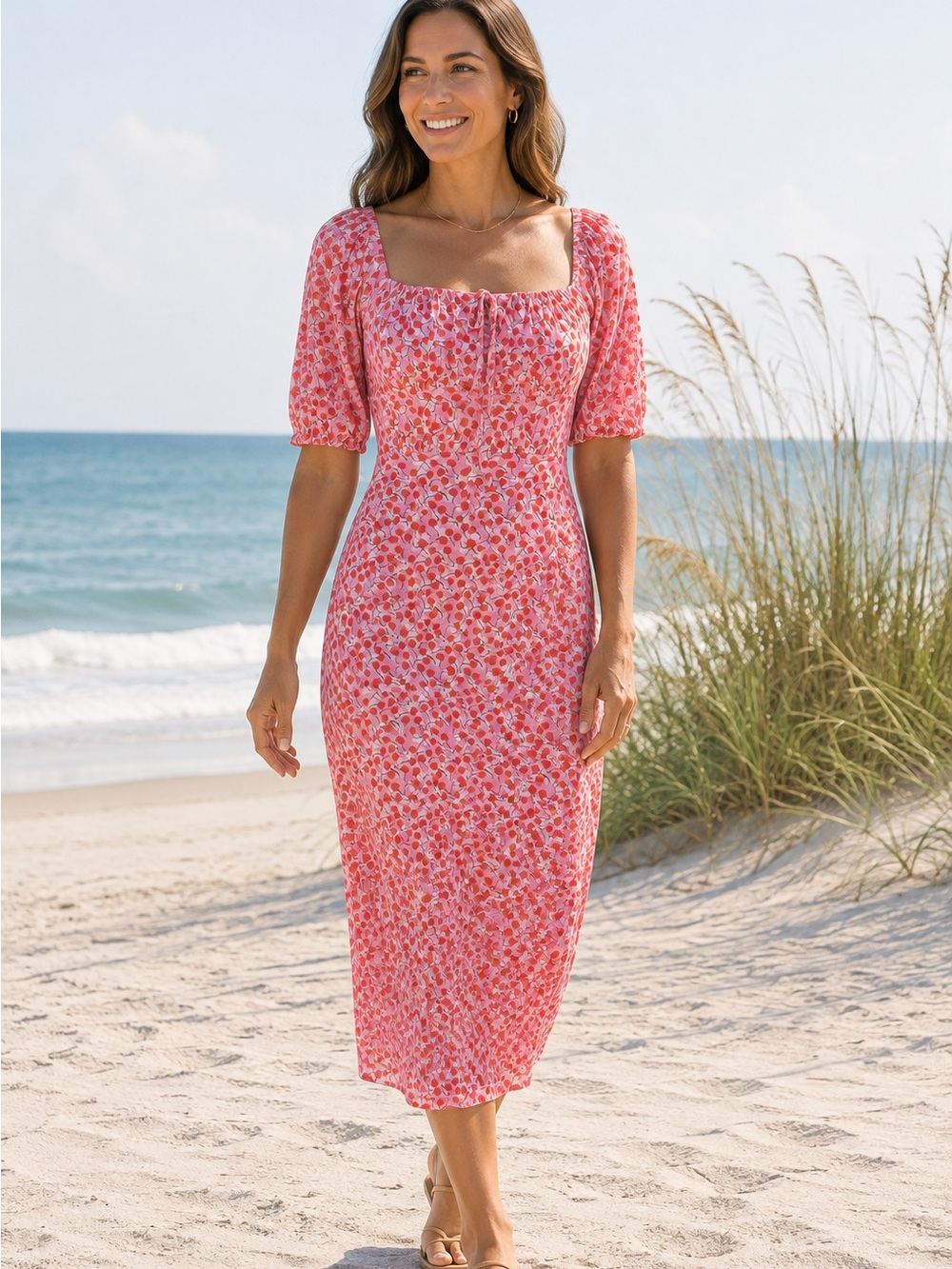 Cupshe NWT Cherry Print Mesh Midi Dress Small Pink Square Neck Coquette Y2K
